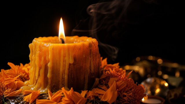 Burning yellow candle with dripping wax, surrounded by vibrant marigold petals and rising smoke against a dark, moody background, perfect for Day of the Dead (Dia de los Muertos) celebrations.