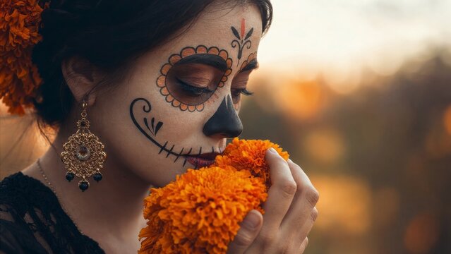 Side profile of a woman with elegant Catrina face paint, gently holding and smelling orange marigold flowers against a warm, soft-focus outdoor sunset background for Dia de los Muertos.