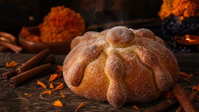 Traditional Mexican Pan de Muerto (Bread of the Dead) sprinkled with sugar on a rustic wooden table with cinnamon sticks, orange marigold petals, and warm candle light for Dia de los Muertos.