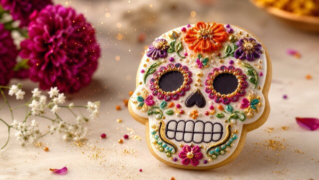 Vibrant Day of the Dead (Dia de los Muertos) sugar skull cookie decorated with colorful icing and gold beads, on a bright table with purple flowers, baby's breath, and festive golden glitter.
