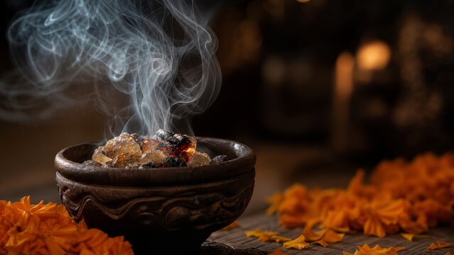 Copal incense burning on hot coals in a traditional clay burner, releasing thick white smoke, surrounded by orange marigold flowers on a wooden table for Day of the Dead (Dia de los Muertos).