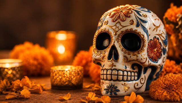 Ornately decorated ceramic sugar skull on a rustic wooden table with orange marigolds and glowing candles in a warm, moody background, designed for Day of the Dead (Dia de los Muertos) festivals.