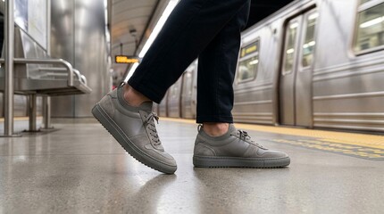 Obraz premium Stylish Footwear Walking Through Contemporary Transit Station