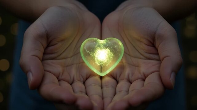 Glowing heart held in hands