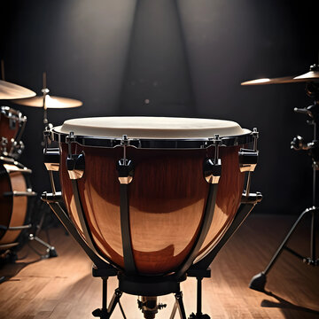 Orchestral timpani drum with wooden body and white head on a stage with spotlight, musical instrument