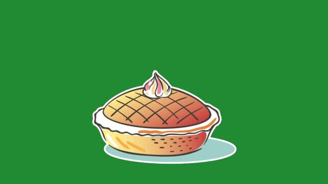 Cute cartoon autumn pie with whipped cream on top on a solid green background