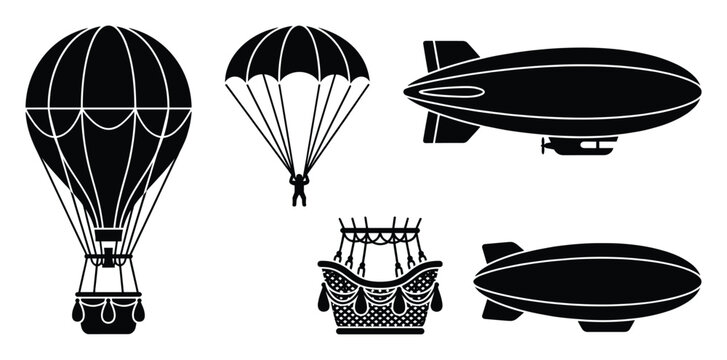 Set of black air vehicle icons including hot air balloons and blimps suitable for aviation hobby applications