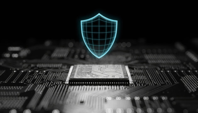 Cyber security concept with a glowing digital shield hovering over a computer circuit board