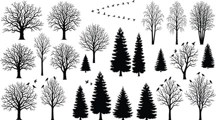 Collection of various black tree silhouettes with birds flying on a white background © Md Ziaul