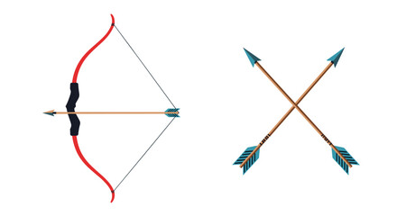 Obraz premium Archery set illustration displaying a traditional red bow with an arrow and two crossed arrows on a white canvas.