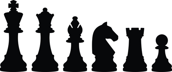 Set of black silhouettes of classic chess pieces, king, queen, bishop, knight, rook © Md Ziaul