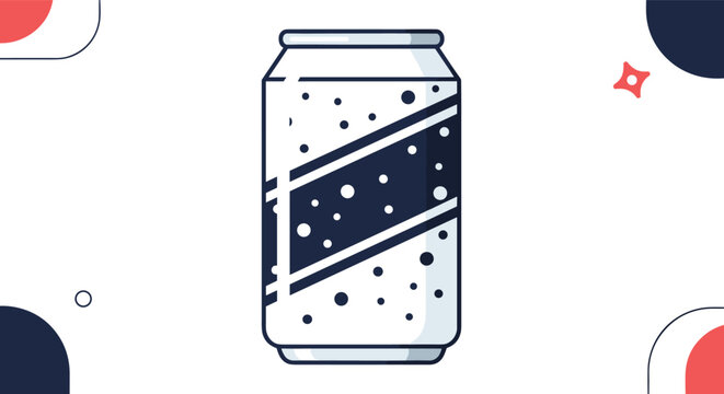 Flat design of a carbonated soft drink can with bubble patterns and modern abstract shapes on white background.