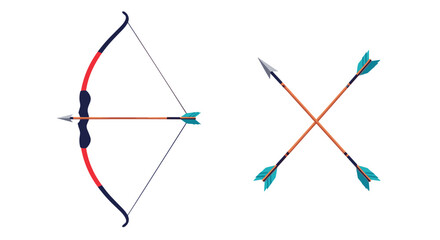 Obraz premium Traditional bow and arrow vector illustration with a matching set of crossed arrows in dark blue and red tones.