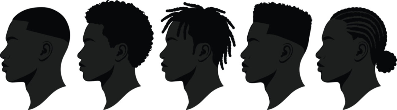 Set of five black silhouettes of men with different hairstyles on white background