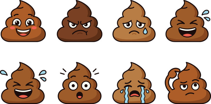 Set of eight cartoon poop emojis with various facial expressions on white background