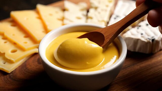 Small bowl of yellow mustard sauce with cheese platter.