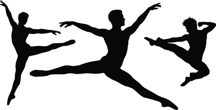 Three black silhouettes of male ballet dancers performing dynamic leaps and jumps in motion