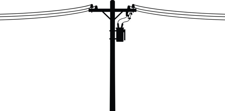 Single electrical utility pole with transformer and power lines on white background