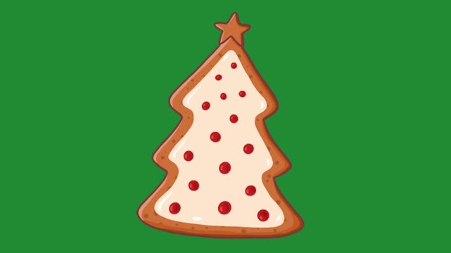 Cute cartoon Christmas tree cookie decorated with white icing and red sprinkles on a solid green background