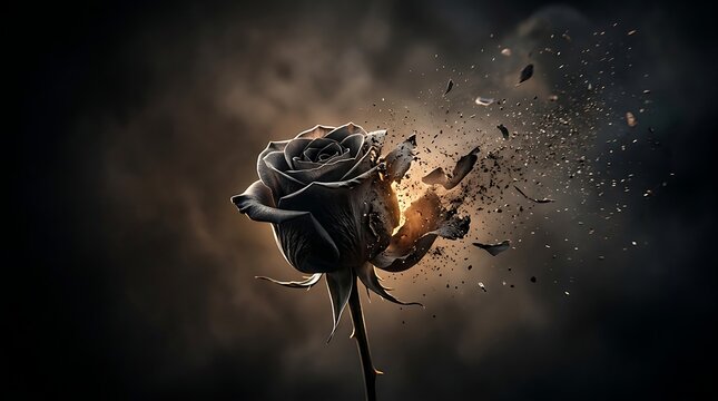 Elegant black rose disintegrating into fragments and glowing dust particles against a dark atmospheric background, perfect for a cinematic website hero image or artistic presentation style.