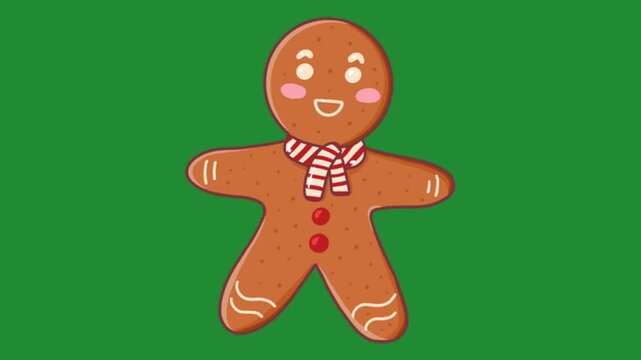 Cute cartoon gingerbread man cookie wearing a striped scarf on a solid green background