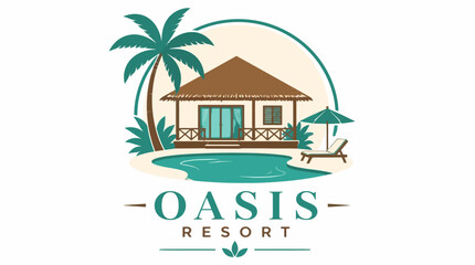 Obraz premium Tropical oasis resort logo with beach bungalow and pool.