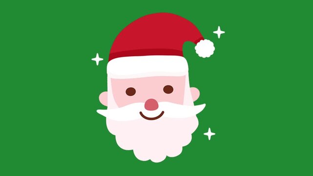 Animated smiling Santa Claus face with red hat and white beard on a green background with sparkling stars