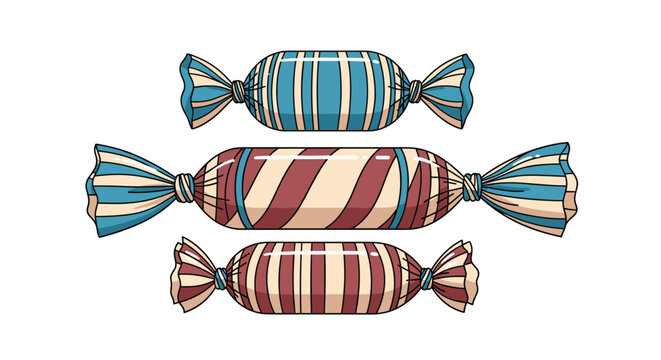 Three delicious wrapped candies in striped blue and brown colors arranged vertically on a white background.