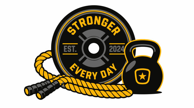 Fitness emblem with kettlebell weight plate and jump rope.