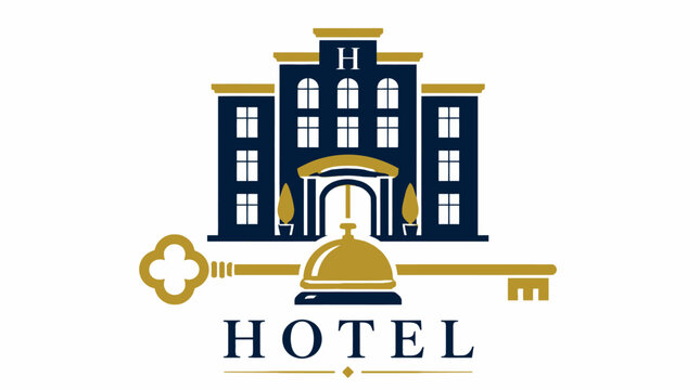 Classic hotel building logo with service bell and key.