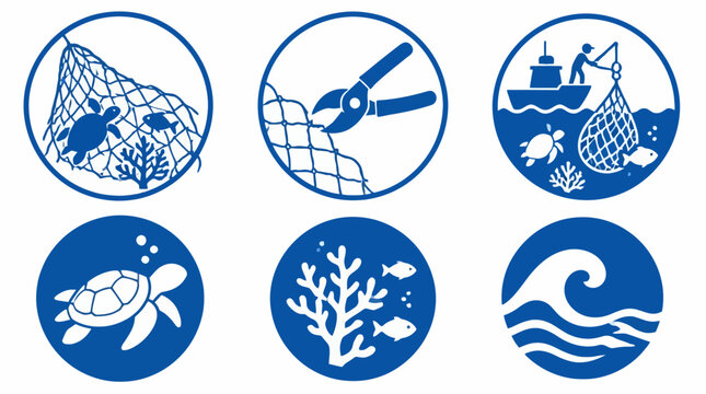 Blue marine conservation and overfishing icon set.