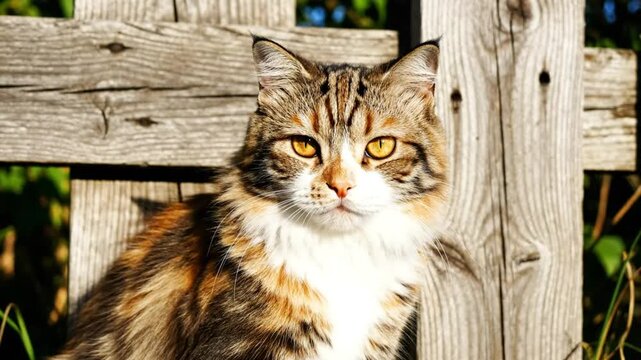 Beautiful calico cat in the sunshine sits by a weathered wooden fence, portrait shows its amber eyes and fluffy fur