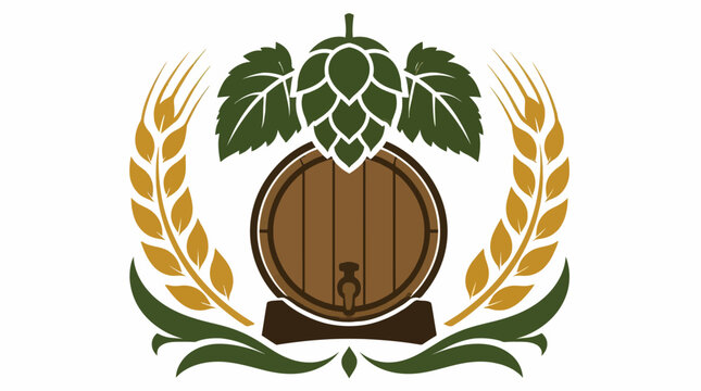 Wooden beer barrel with hops and wheat stalks icon.
