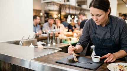 Fototapeta premium Chef meticulously plates food with sauce using a pastry brush in a modern open kitchen with guests blurred in the background.