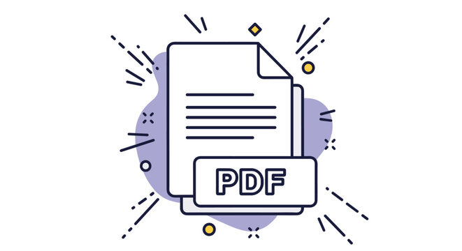 PDF document file format icon represented in a modern flat design with colorful background splash and burst details.