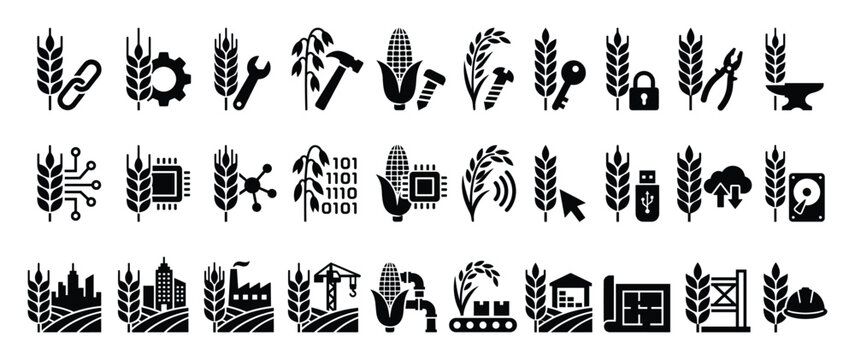 Set of smart agriculture icons for modern farming technology and food industry applications