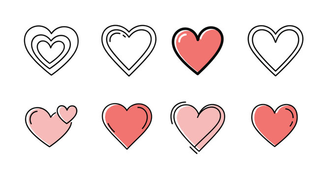 Collection of eight sweet heart icons in various styles including triple outline, solid pink, and dual hearts.