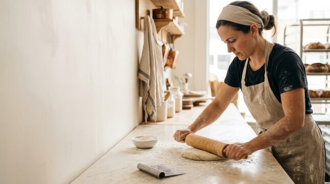 Baker working dough with rolling pin in bright artisan bakery studio with warm diffused light and soft background