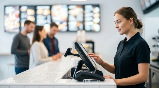 Cashier taking order on touch screen at fast food counter with blurred menu and customers in queue