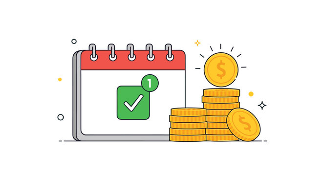Calendar page with a green checkmark next to piles of gold dollar coins representing financial planning, tax due date, or budget schedule.
