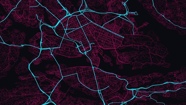 4K Cyberpunk Neon City Street Map of Stockholm, Sweden &mdash; High Resolution Road Network Poster