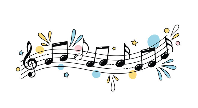 Colorful and playful hand drawn musical notes dance along a wavy staff with stars and decorative splashes on a white background.