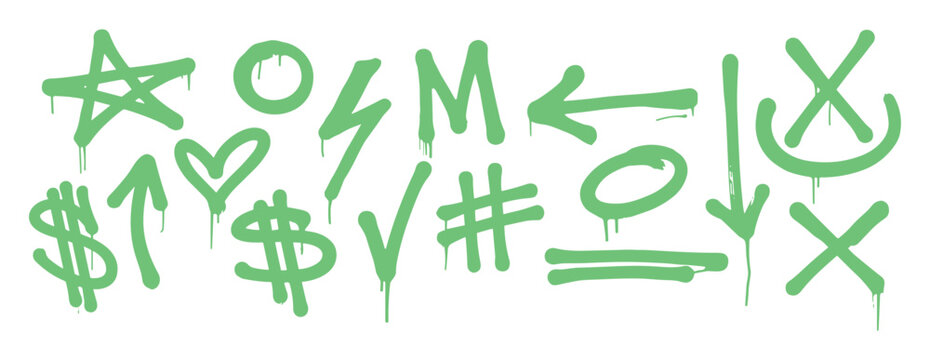 Collection of green graffiti spray paint icons and symbols including a star circle heart arrows dollar signs check mark hashtag and x marks with drips