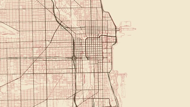 4K Vintage Antique Sepia City Street Map of Chicago, USA &mdash; High Resolution Road Network Poster