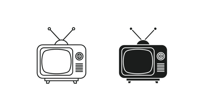 Vintage television icons in linear and solid styles depicting classic old retro tv screen with antennas on top.