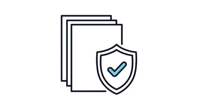 Safe document storage and digital security concept showing stack of paper sheets protected by a secure shield with a tick.