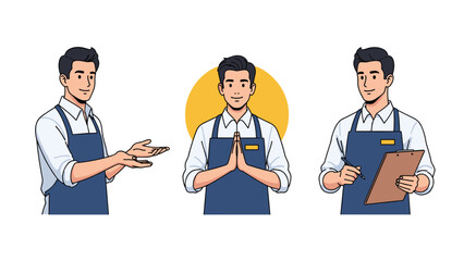 Fototapeta premium Professional service staff character in apron showing welcome gesture, greeting with hands together, and taking orders for service.