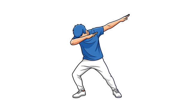 Energetic young man with blue hair performing popular dab dance move in casual blue t-shirt and white athletic pants on white background.