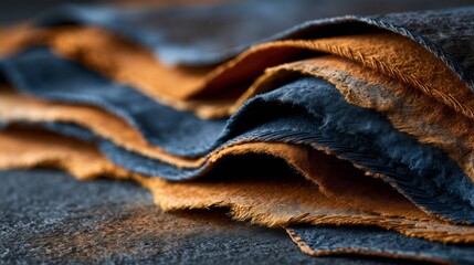 Fototapeta premium Layered hand-mended paper sheets with stitched repairs in indigo and sienna