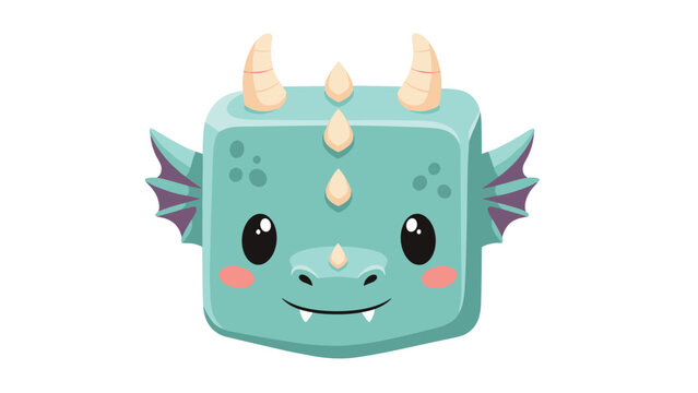 Cute square shaped dragon face with light blue scales small horns and purple wings depicted in a charming and friendly cartoon character style.